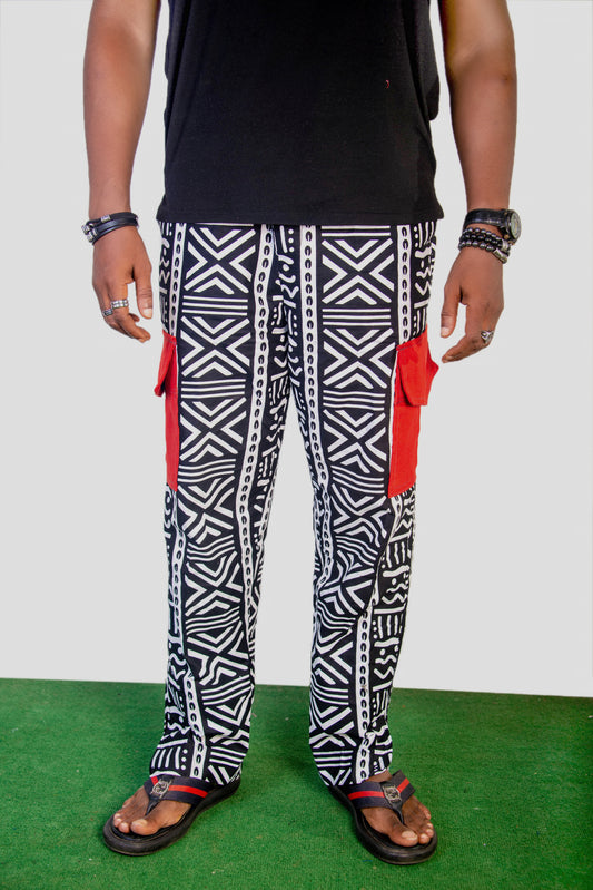 White with Bold Black and Red Print Ankara Pants